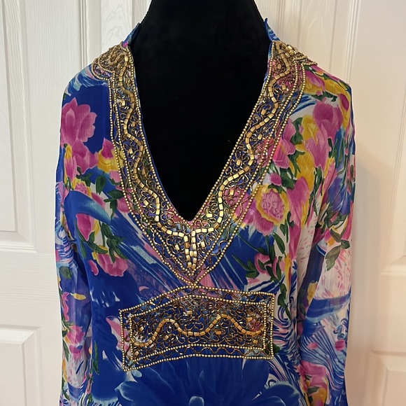 Custom Made Indian Style Blue Floral Tunic - Fits Size Small to Medium - Picture 5 of 7